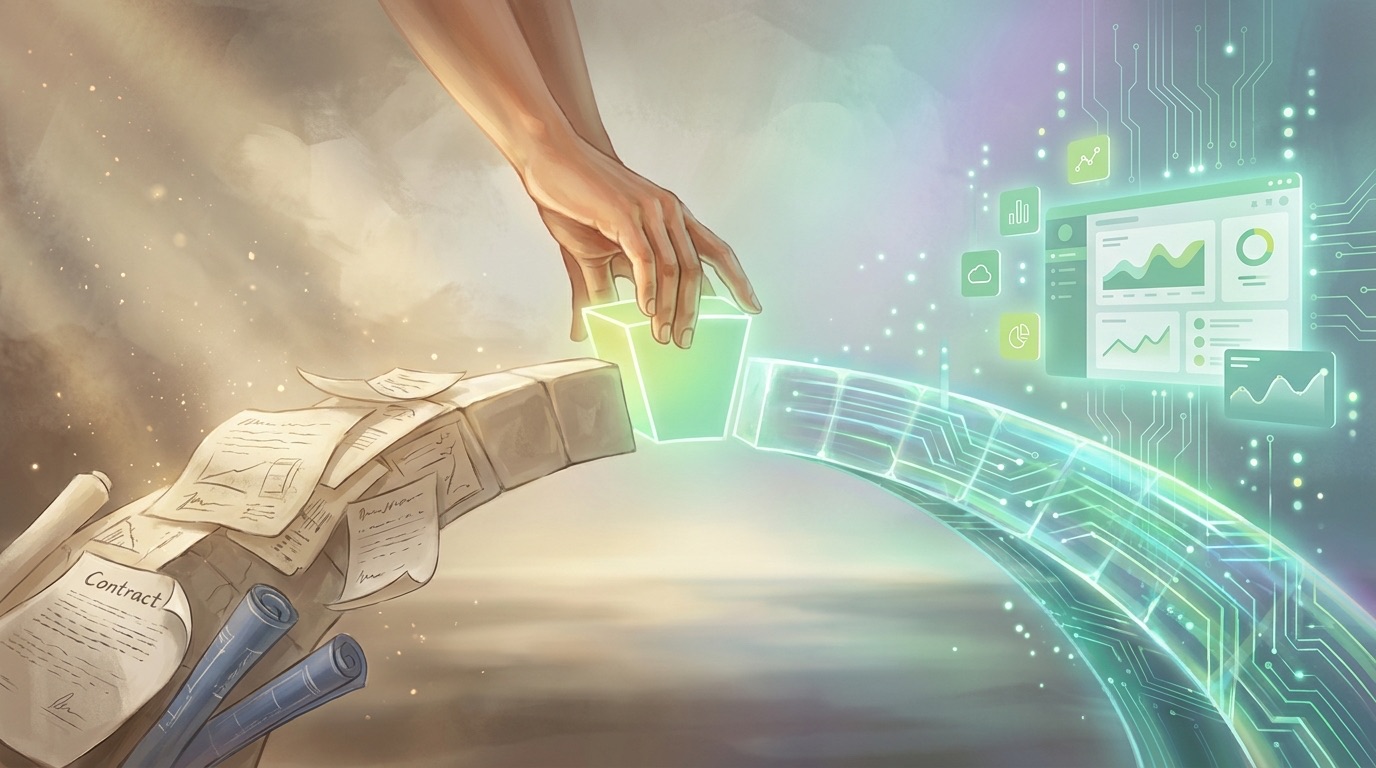 A hand lowers a glowing keystone into a stone bridge that turns luminous teal, spanning from paper contracts toward a software dashboard