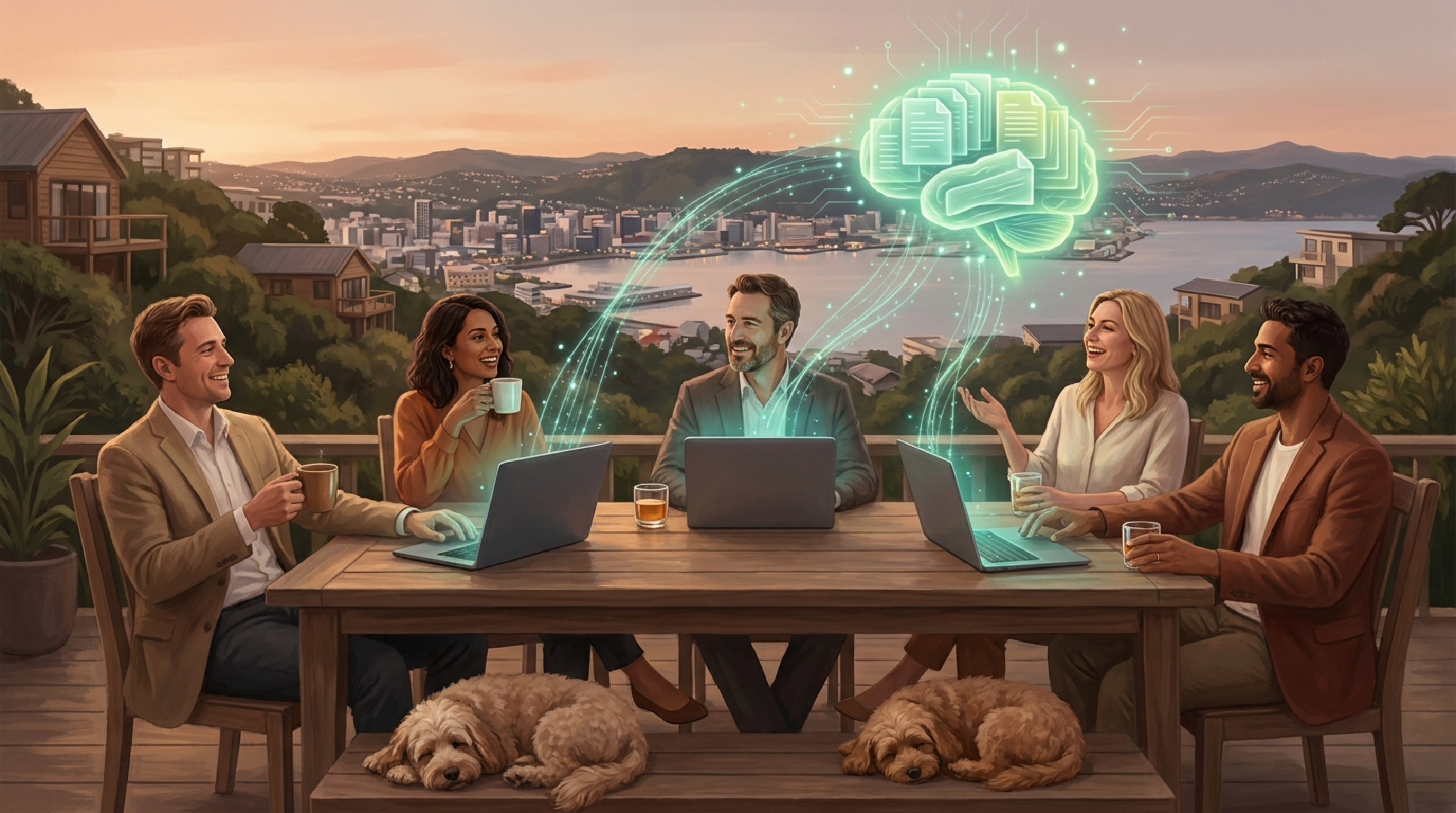 A relaxed team with drinks and dogs at dusk above Wellington harbour, laptops streaming into a glowing brain of documents