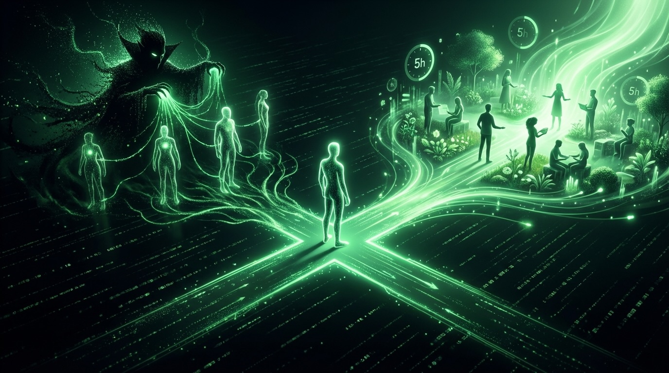 Dark silhouette representing value extraction in an AI-driven workplace