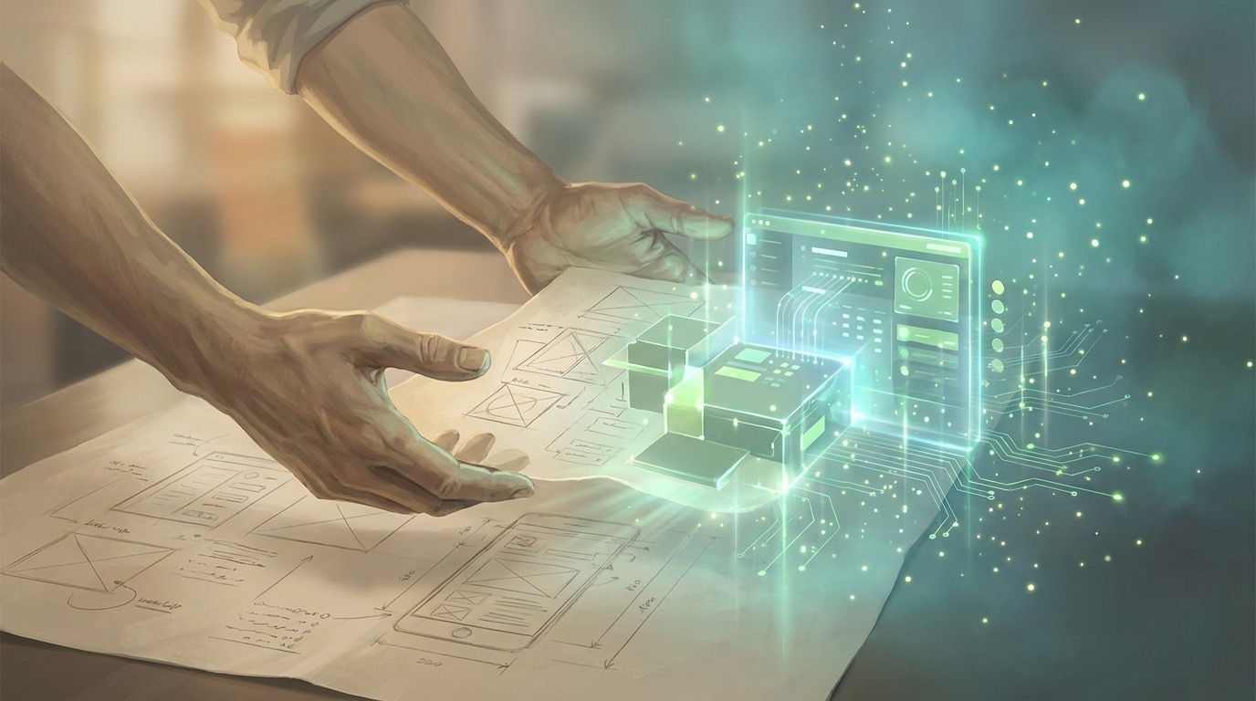 Hands over UI wireframe sketches as a glowing teal dashboard rises from the page