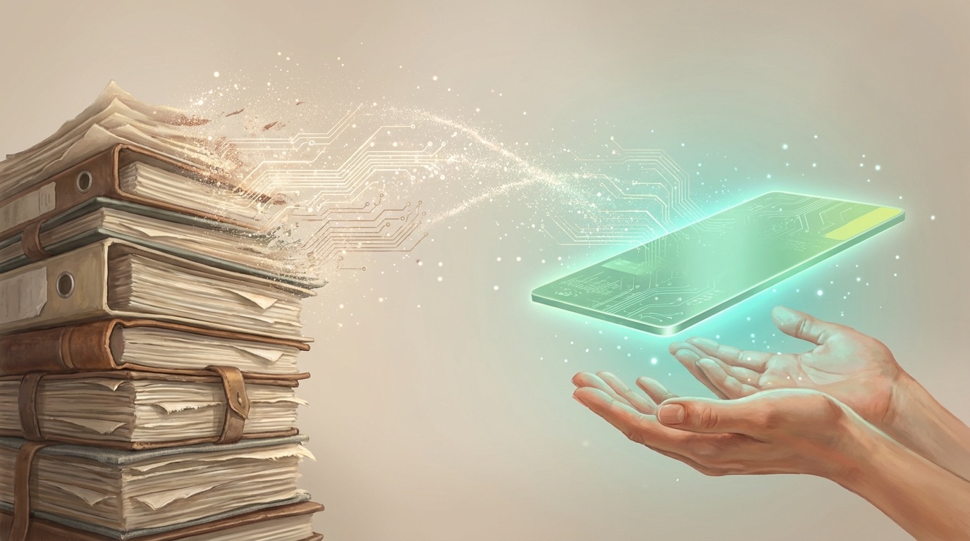 Worn paper manuals dissolving into light and becoming a glowing panel held in open hands